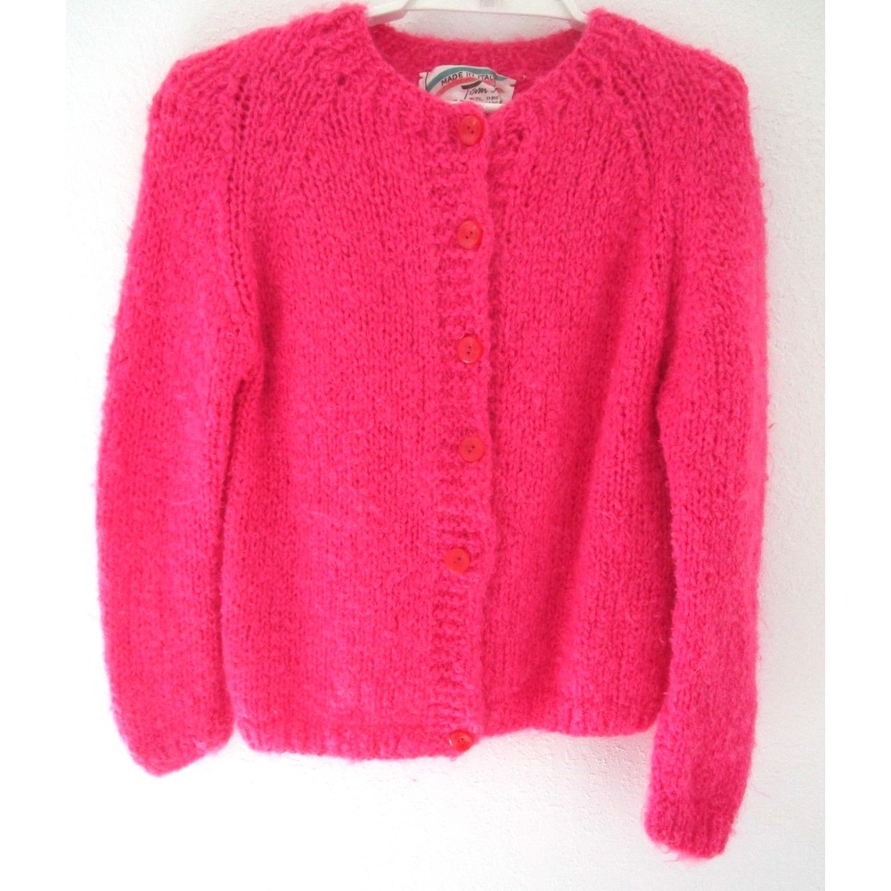 Vintage 1960's Tami Cardigan Sweater Mohair Womens M Italy Hot Pink Fushia Fuzzy